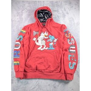 Makobi Mens Red Trust Issues Itchy & Scratchy Patched Hoodie Satin Lined Hood M